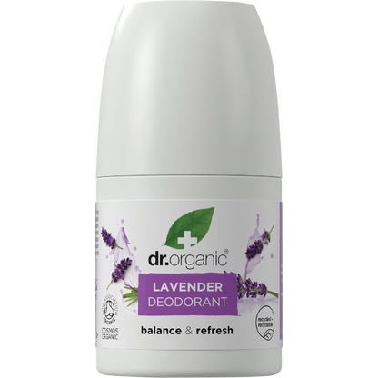Dr Organic Lavender Roll-On Deodorant 50ml bottle with a purple label featuring lavender flowers.