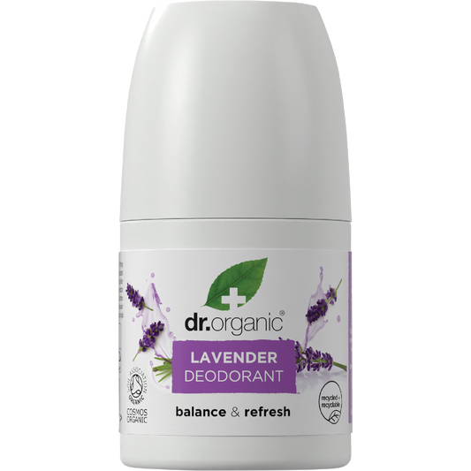 Dr Organic Lavender Roll-On Deodorant 50ml bottle with a purple label featuring lavender flowers.