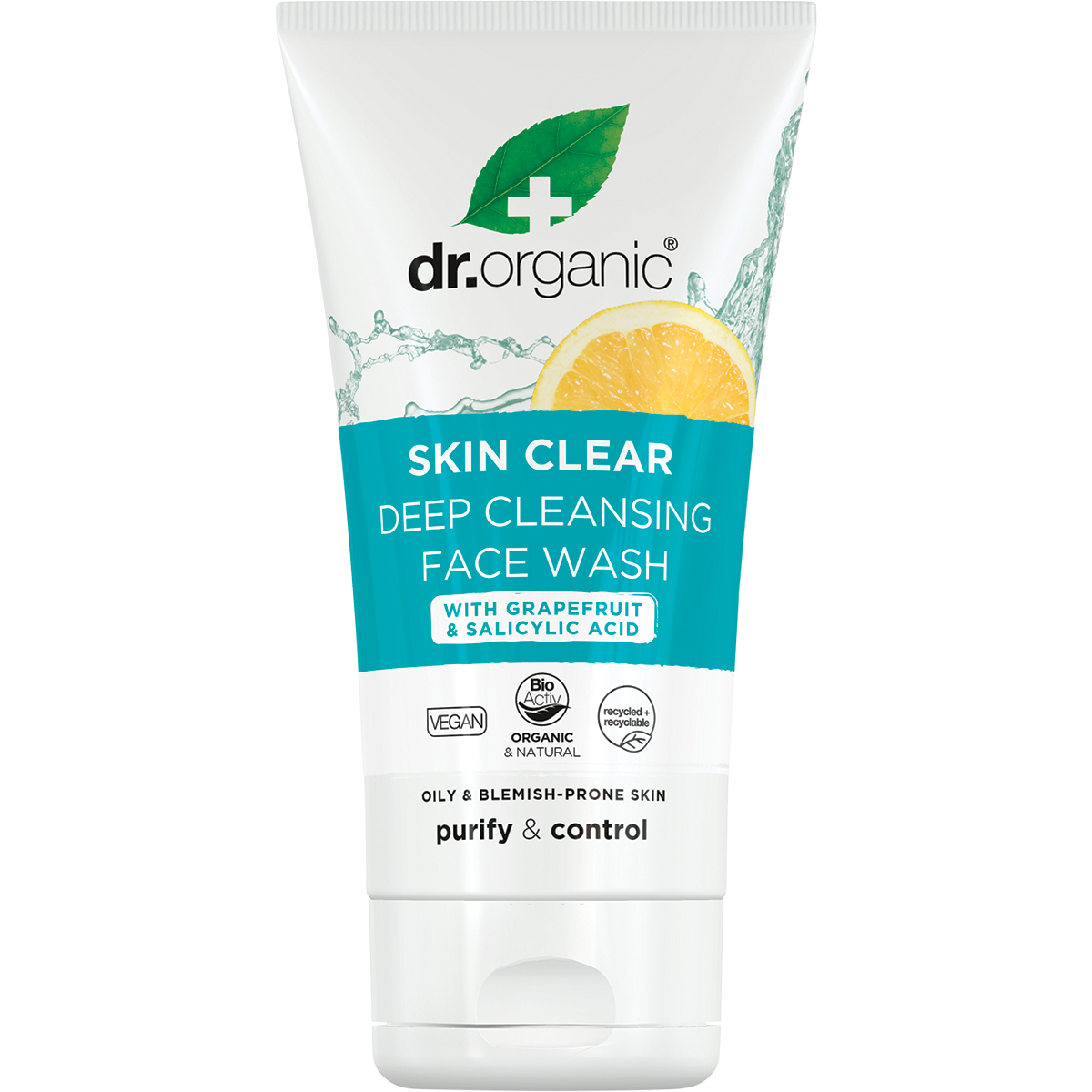 125ml tube of Dr Organic Skin Clear Deep Cleansing Face Wash with tea tree oil, salicylic acid, and grapefruit.