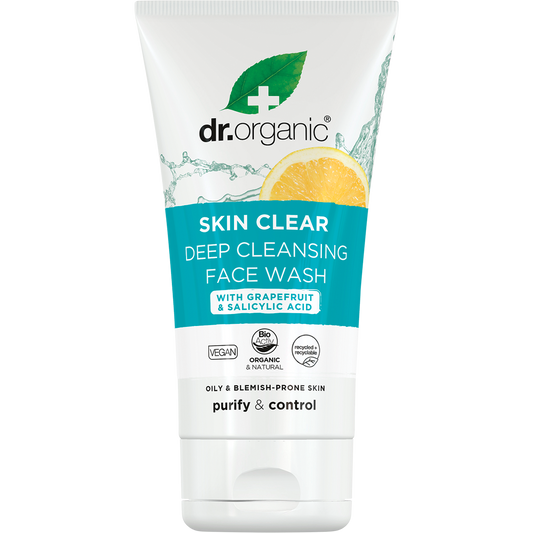 125ml tube of Dr Organic Skin Clear Deep Cleansing Face Wash with tea tree oil, salicylic acid, and grapefruit.