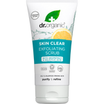 Dr Organic Skin Clear Exfoliating Face Scrub 150ml tube with tea tree, grapefruit, and willow bark for oily skin.