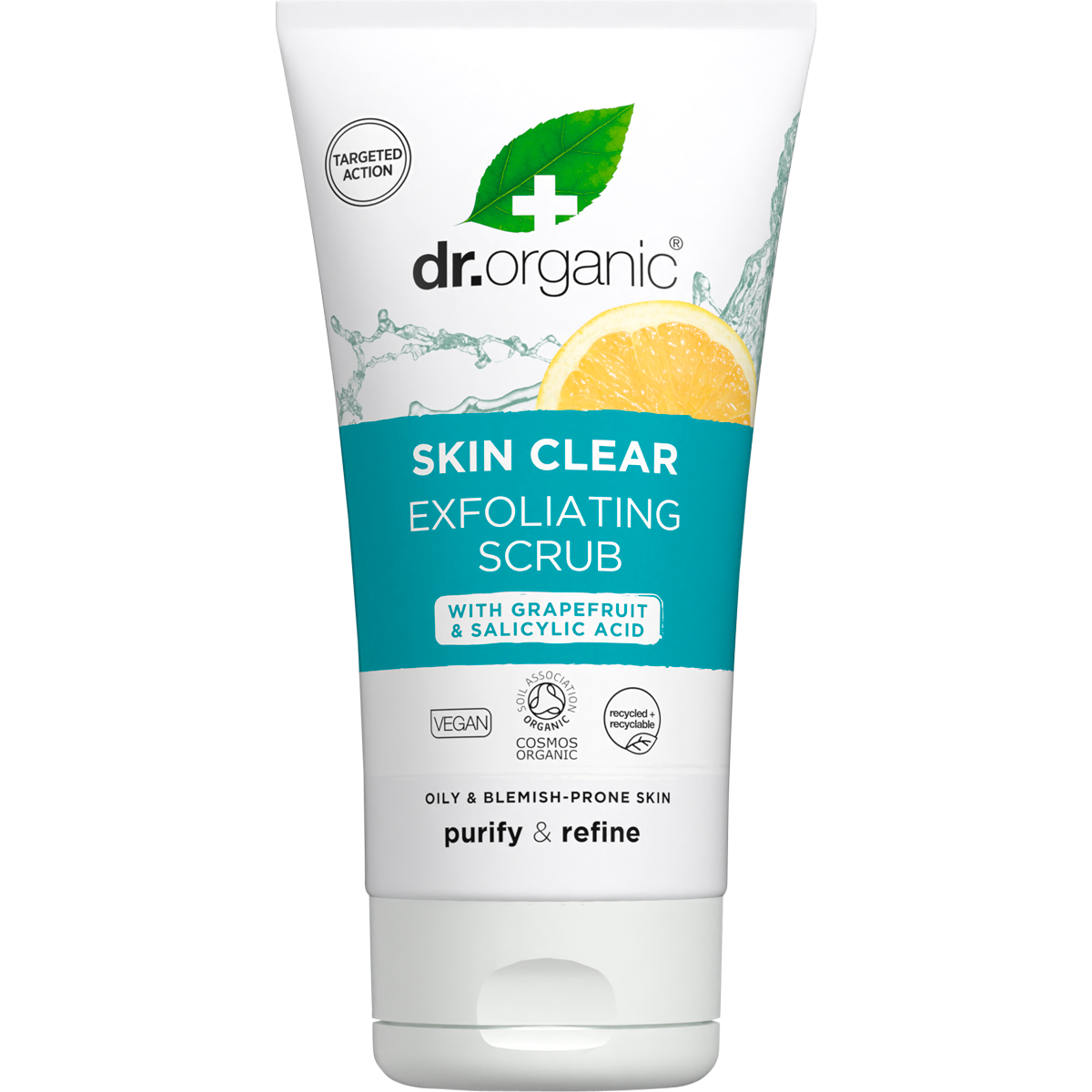 Dr Organic Skin Clear Exfoliating Face Scrub 150ml tube with tea tree, grapefruit, and willow bark for oily skin.