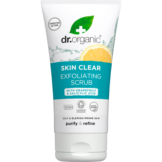 Dr Organic Skin Clear Exfoliating Face Scrub 150ml tube with tea tree, grapefruit, and willow bark for oily skin.