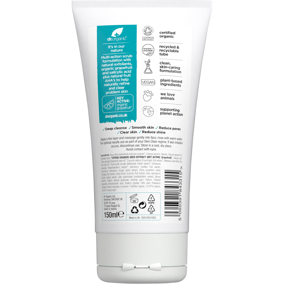 Back of Dr Organic Skin Clear Exfoliating Face Scrub 150ml tube showing directions, ingredients, and warnings.