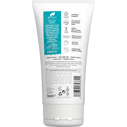 Back of Dr Organic Skin Clear Exfoliating Face Scrub 150ml tube showing directions, ingredients, and warnings.