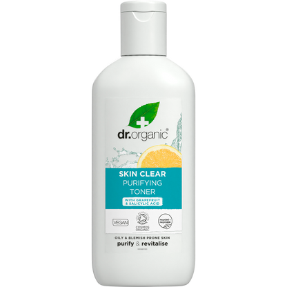 Dr Organic Skin Clear Purifying Toner 200ml bottle with organic tea tree, salicylic acid, and natural AHAs.