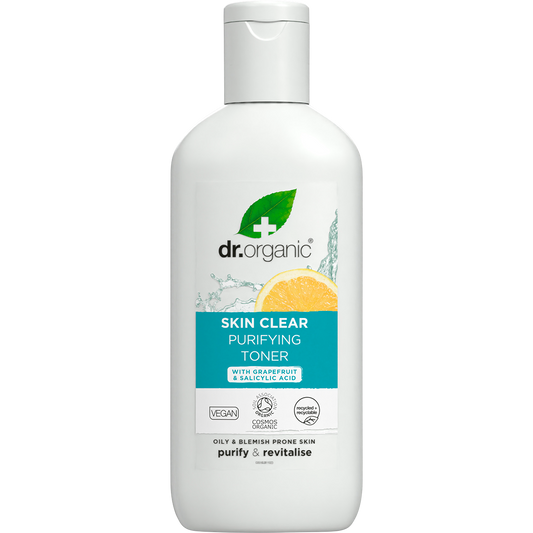 Dr Organic Skin Clear Purifying Toner 200ml bottle with organic tea tree, salicylic acid, and natural AHAs.