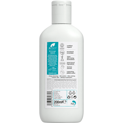 Back label of Dr Organic Skin Clear Purifying Toner 200ml bottle showing ingredients and directions.