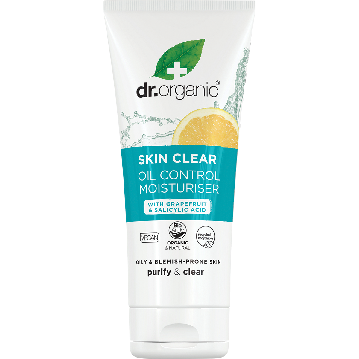 Dr Organic Skin Clear Oil Control Moisturiser 50ml tube with white and green labeling on a white background.