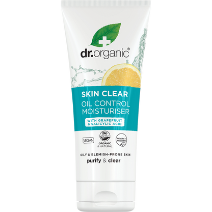 Dr Organic Skin Clear Oil Control Moisturiser 50ml tube with white and green labeling on a white background.