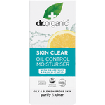 Front of a Dr Organic Skin Clear Oil Control Moisturiser box featuring a white and green design on a white background.