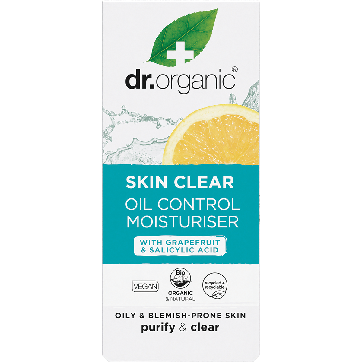 Front of a Dr Organic Skin Clear Oil Control Moisturiser box featuring a white and green design on a white background.