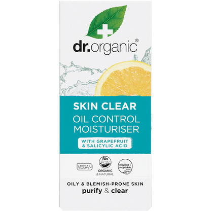 Front of a Dr Organic Skin Clear Oil Control Moisturiser box featuring a white and green design on a white background.