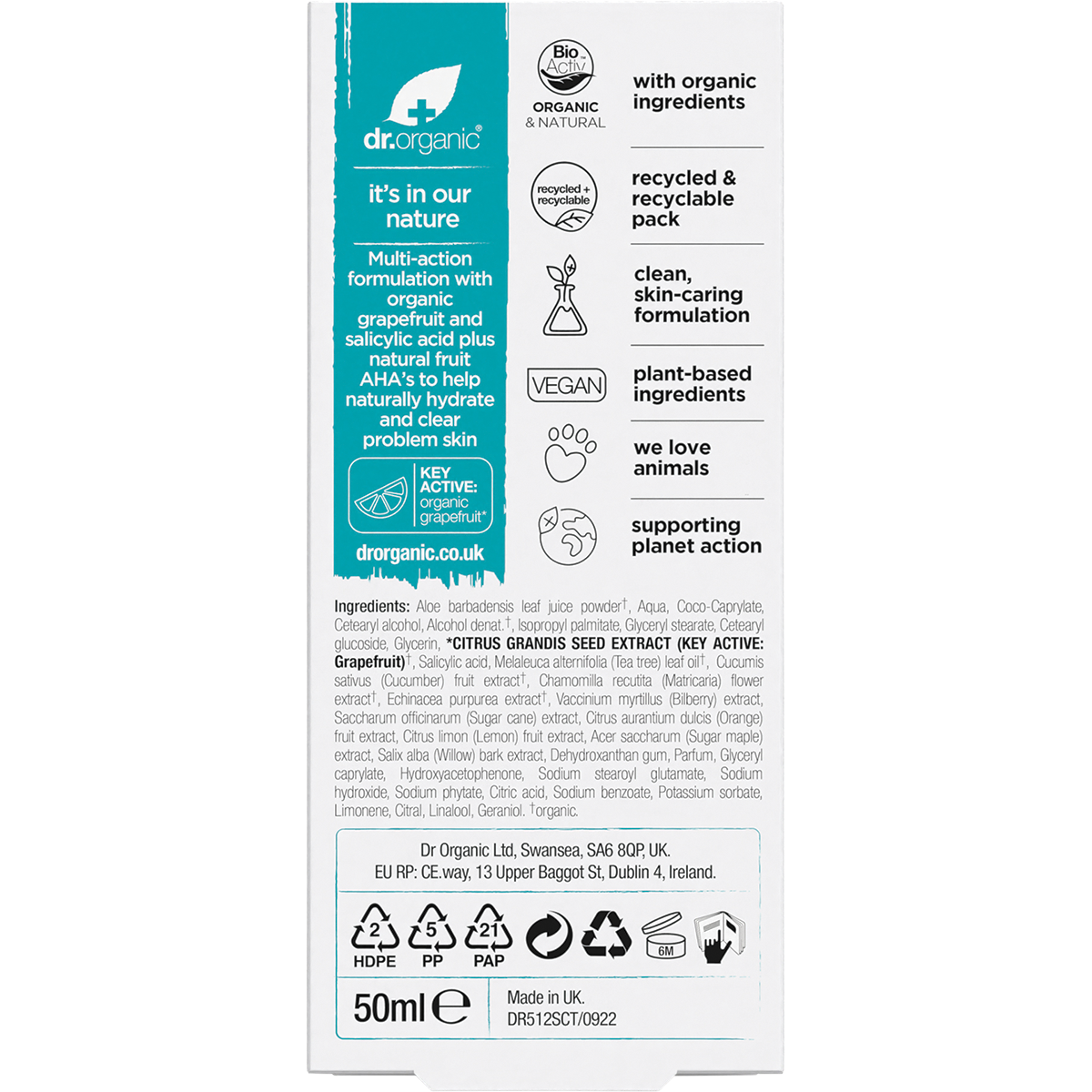 Back of Dr Organic Skin Clear Oil Control Moisturiser box showing ingredients and directions on a white background.