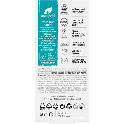 Back of Dr Organic Skin Clear Oil Control Moisturiser box showing ingredients and directions on a white background.