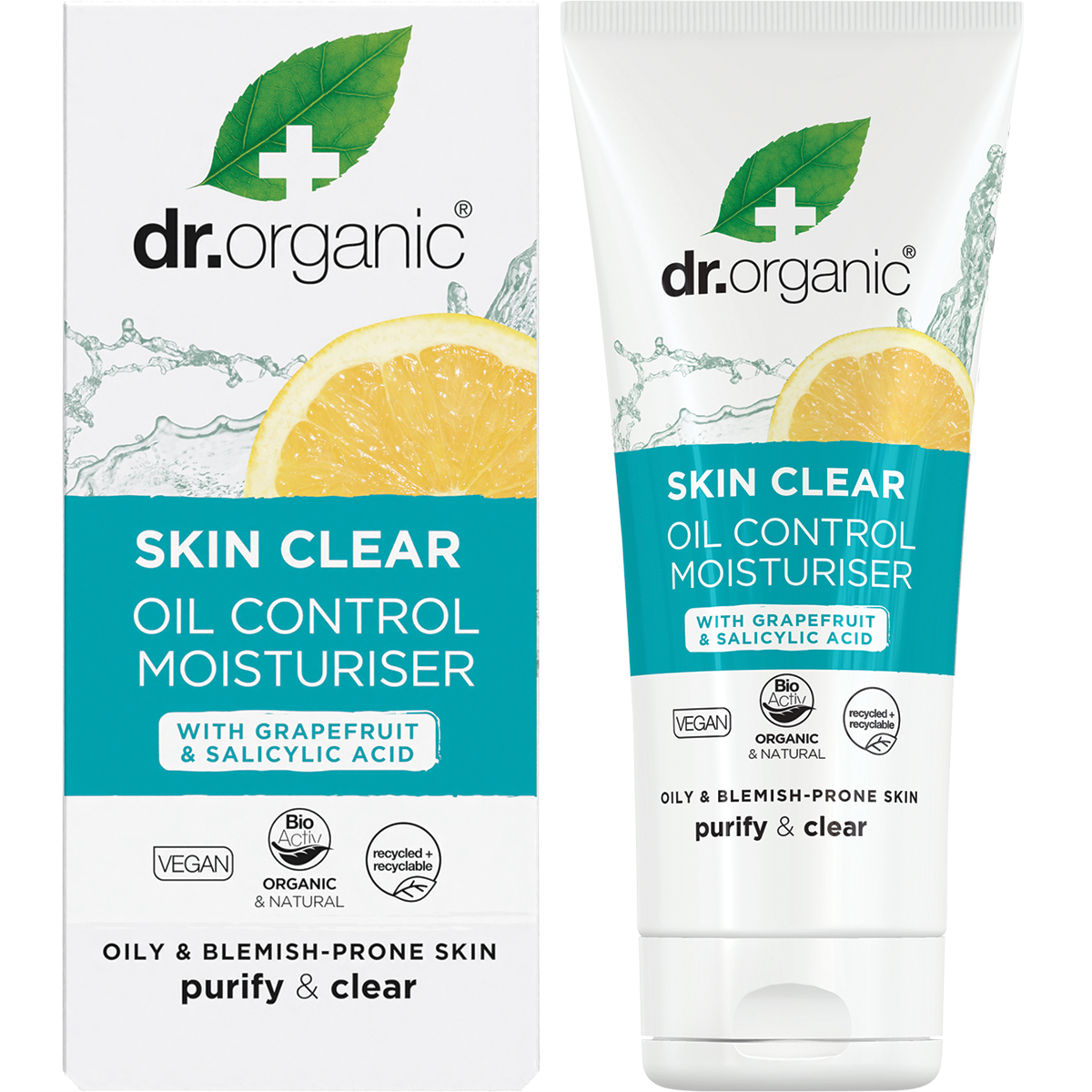 Dr Organic Skin Clear Oil Control Moisturiser 50ml tube and box featuring a white and green design on a white background.