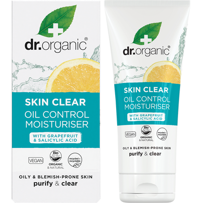 Dr Organic Skin Clear Oil Control Moisturiser 50ml tube and box featuring a white and green design on a white background.