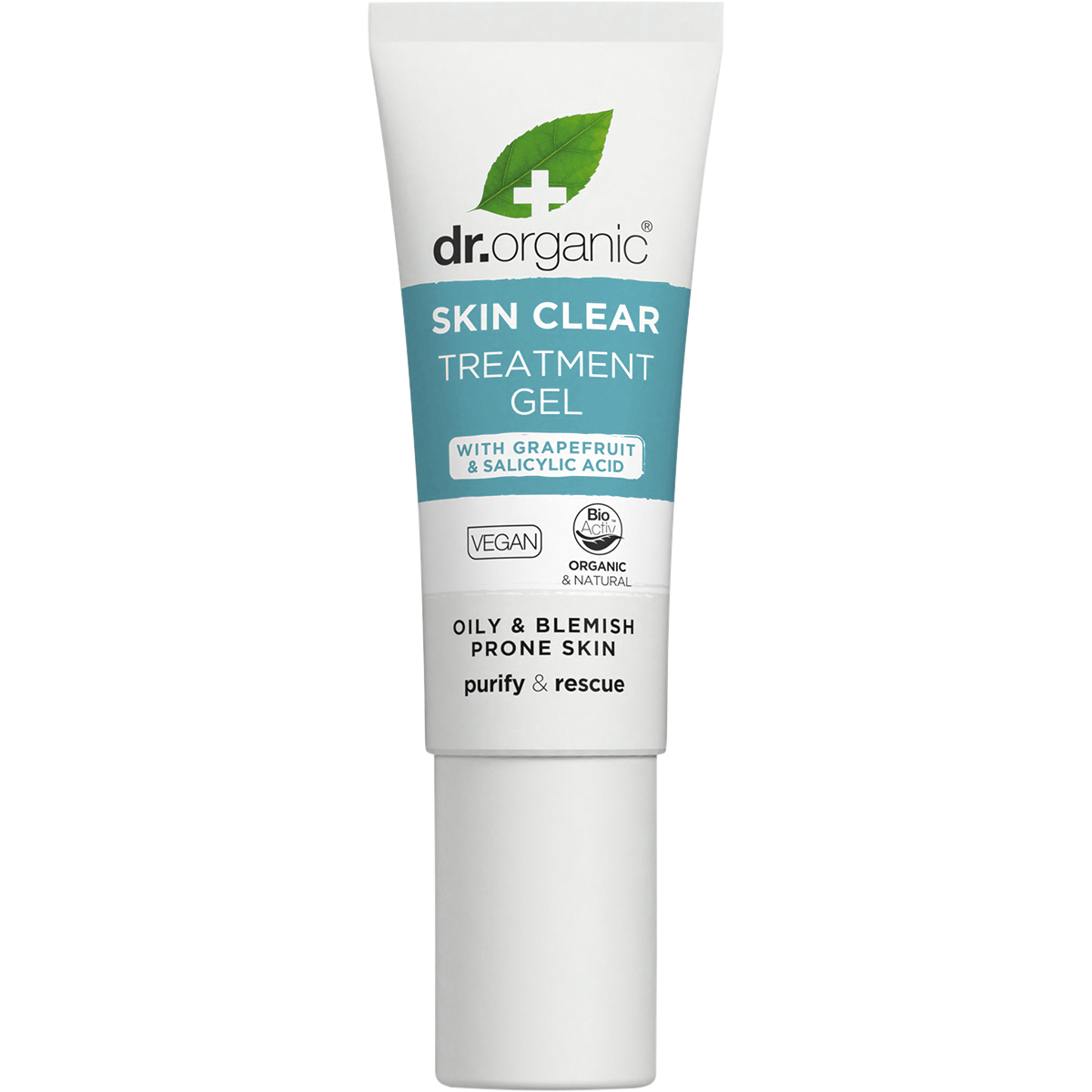 10ml tube of Dr Organic Skin Clear Treatment Gel with Organic Tea Tree for spots and blemishes on a white background.