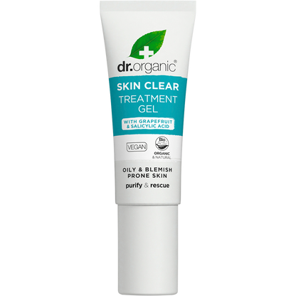 10ml tube of Dr Organic Skin Clear Treatment Gel with Organic Tea Tree for spots and blemishes on a white background.