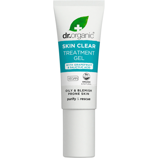10ml tube of Dr Organic Skin Clear Treatment Gel with Organic Tea Tree for spots and blemishes on a white background.