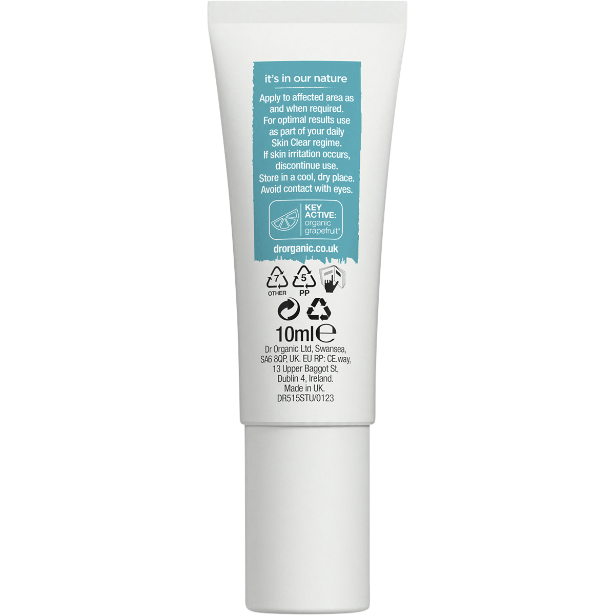 Back of Dr Organic Skin Clear Treatment Gel 10ml tube with directions, ingredients, and advisory information.