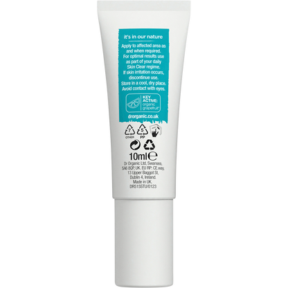 Back of Dr Organic Skin Clear Treatment Gel 10ml tube with directions, ingredients, and advisory information.