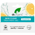 Front of Dr Organic Skin Clear Treatment Gel box featuring tea tree and grapefruit illustrations on white and green.