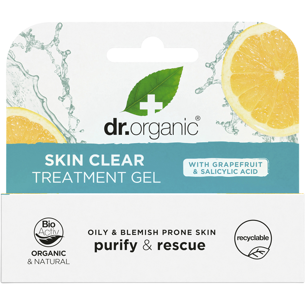 Front of Dr Organic Skin Clear Treatment Gel box featuring tea tree and grapefruit illustrations on white and green.