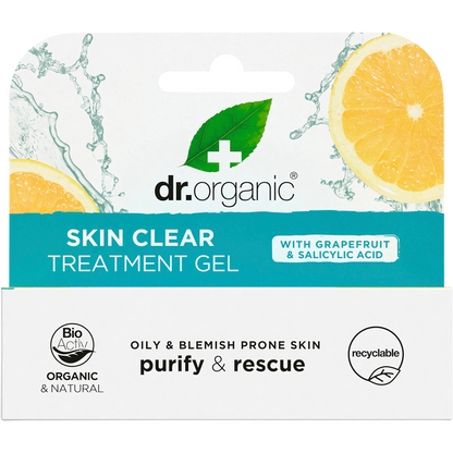 Front of Dr Organic Skin Clear Treatment Gel box featuring tea tree and grapefruit illustrations on white and green.