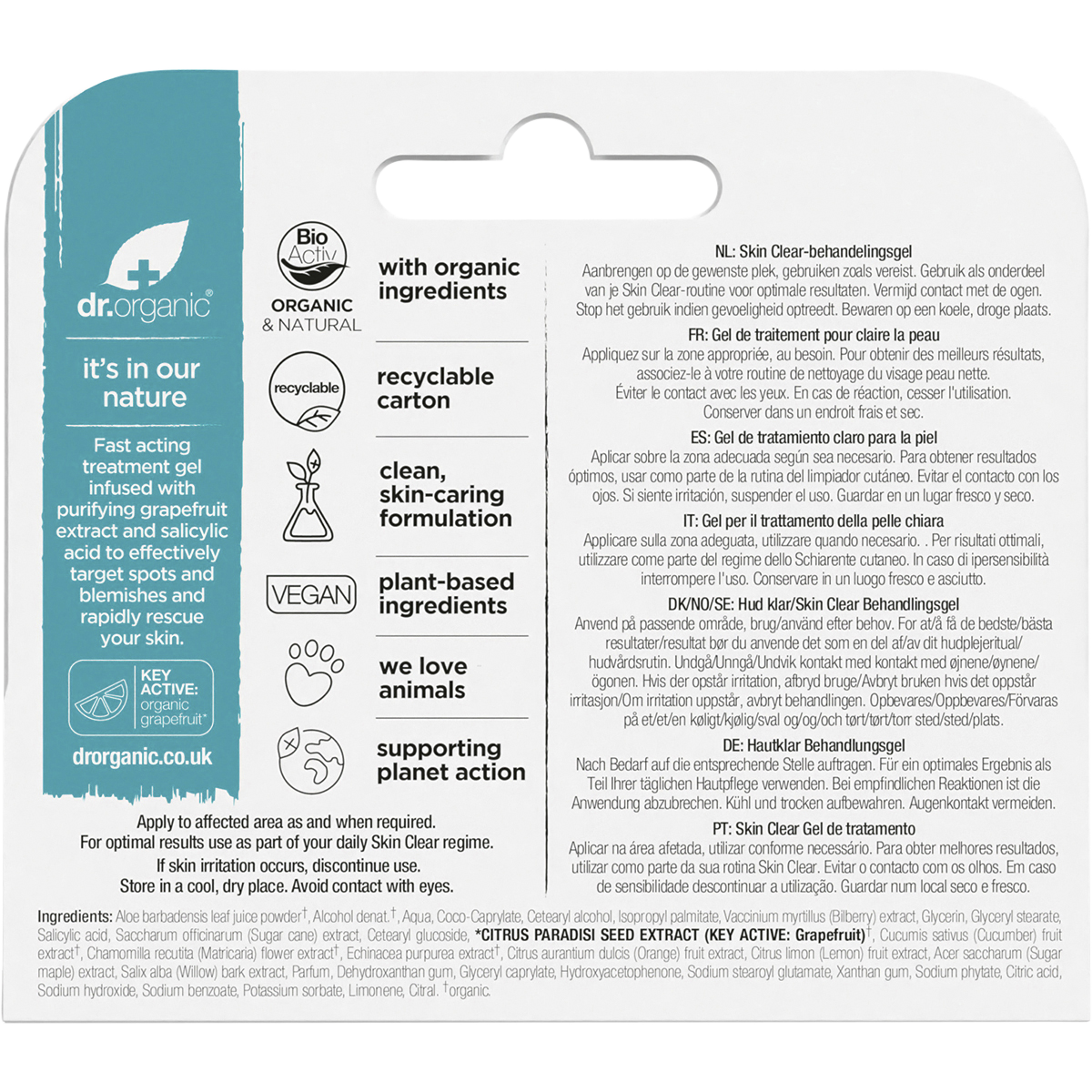 Back of Dr Organic Skin Clear Treatment Gel box with nutrition facts, ingredients, and directions.