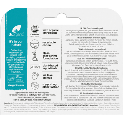 Back of Dr Organic Skin Clear Treatment Gel box with nutrition facts, ingredients, and directions.