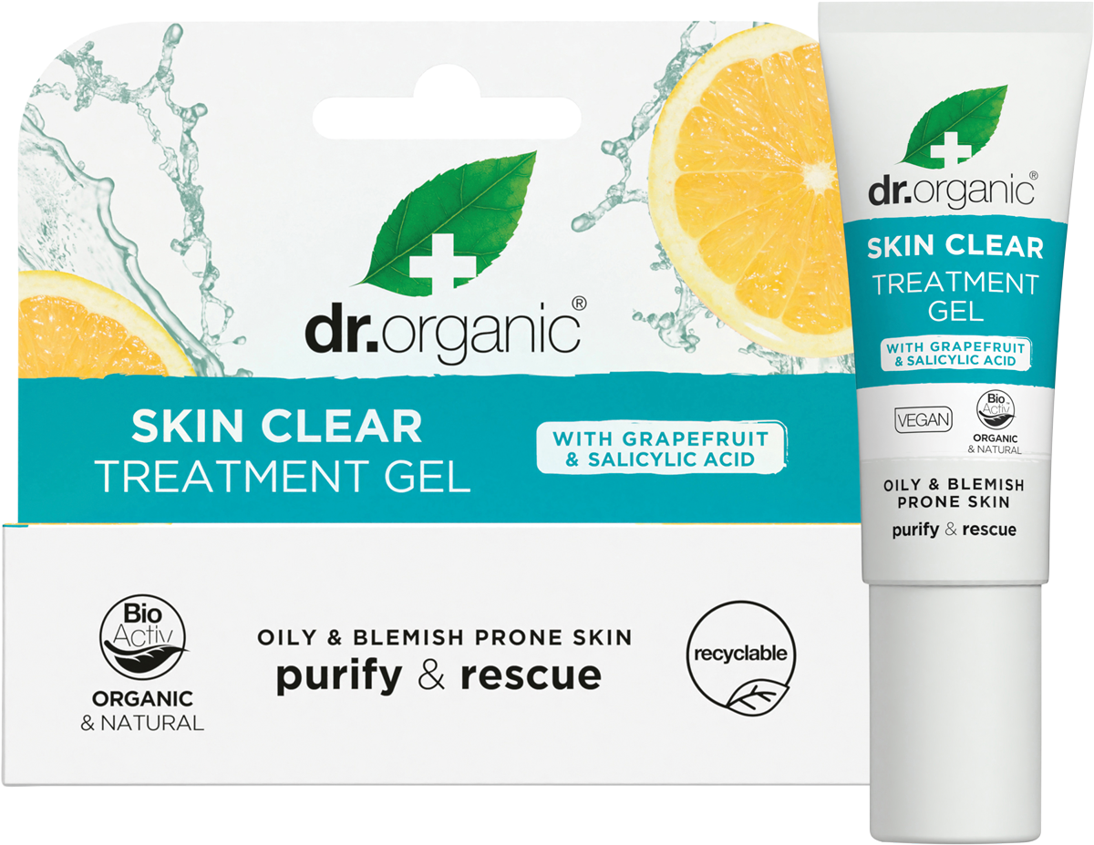 Dr Organic Skin Clear Treatment Gel 10ml tube and its matching box displayed together on a white background.