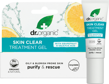 Dr Organic Skin Clear Treatment Gel 10ml tube and its matching box displayed together on a white background.