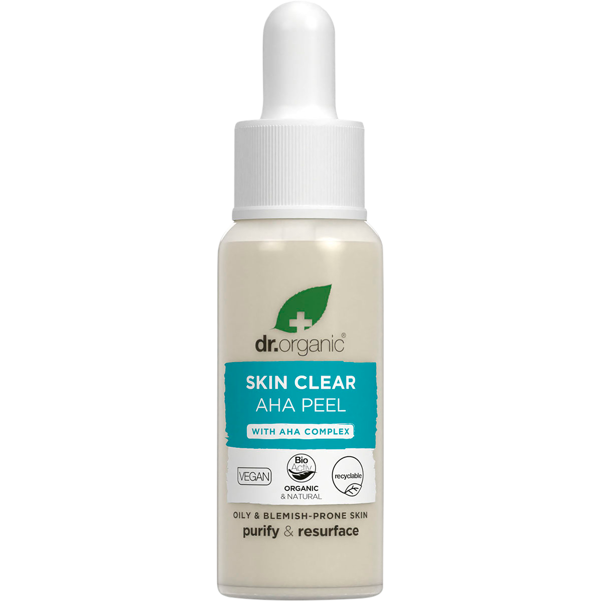 Dr. Organic Skin Clear AHA Peel 30ml bottle with a dropper lid and a green and white label.
