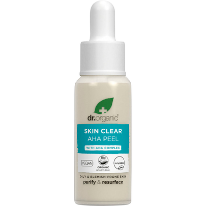 Dr. Organic Skin Clear AHA Peel 30ml bottle with a dropper lid and a green and white label.