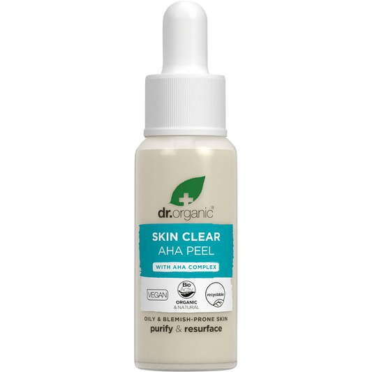 Dr. Organic Skin Clear AHA Peel 30ml bottle with a dropper lid and a green and white label.