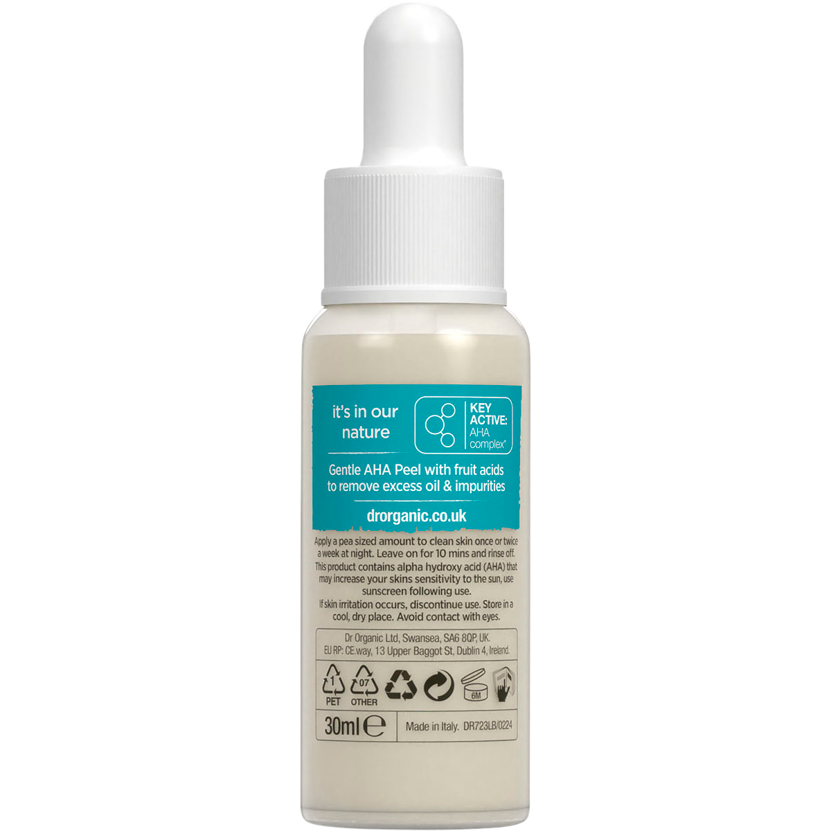 Back of Dr. Organic AHA Peel bottle showing directions, ingredients, and product information on a green and white label.