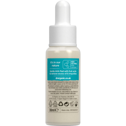 Back of Dr. Organic AHA Peel bottle showing directions, ingredients, and product information on a green and white label.