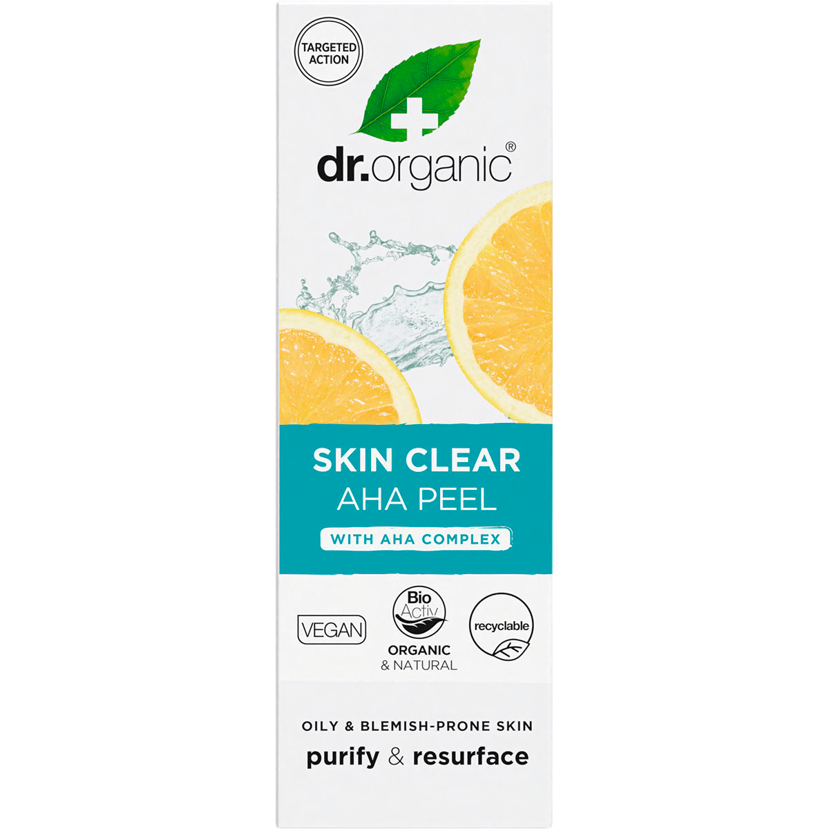 Dr. Organic Skin Clear AHA Peel 30ml box featuring green and white branding with a pomegranate illustration.