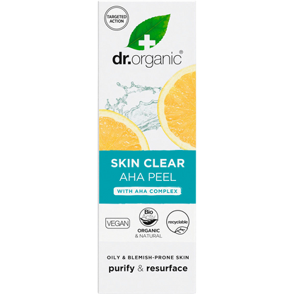 Dr. Organic Skin Clear AHA Peel 30ml box featuring green and white branding with a pomegranate illustration.