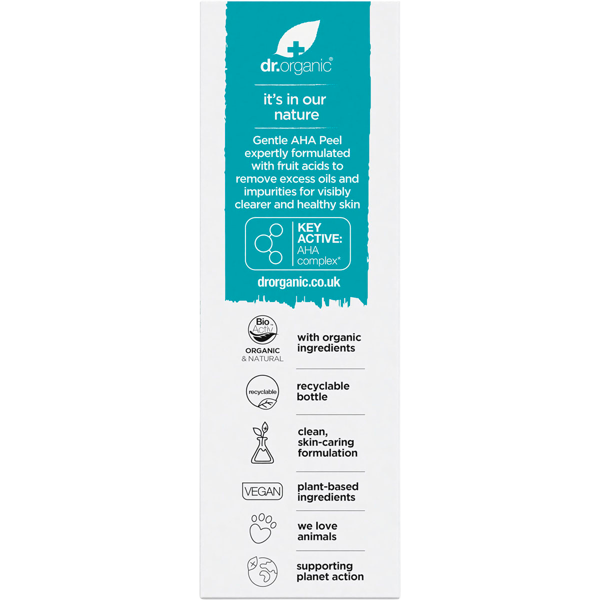 Back of Dr. Organic Skin Clear AHA Peel box with nutrition facts, ingredients, and usage instructions on a white background.