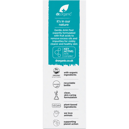 Back of Dr. Organic Skin Clear AHA Peel box with nutrition facts, ingredients, and usage instructions on a white background.