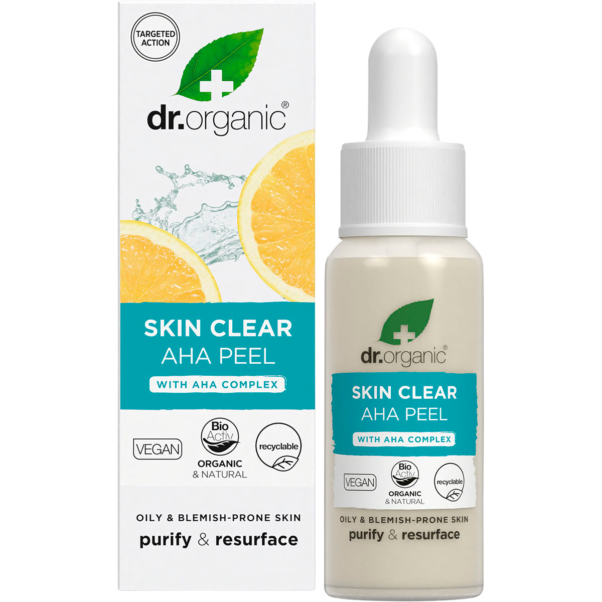 Dr. Organic Skin Clear AHA Peel 30ml bottle and product box with a pomegranate illustration on a white background.