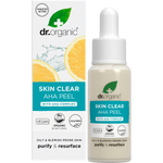 Dr. Organic Skin Clear AHA Peel 30ml bottle and product box with a pomegranate illustration on a white background.