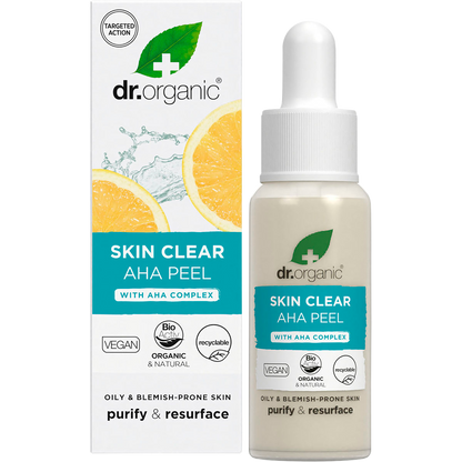 Dr. Organic Skin Clear AHA Peel 30ml bottle and product box with a pomegranate illustration on a white background.