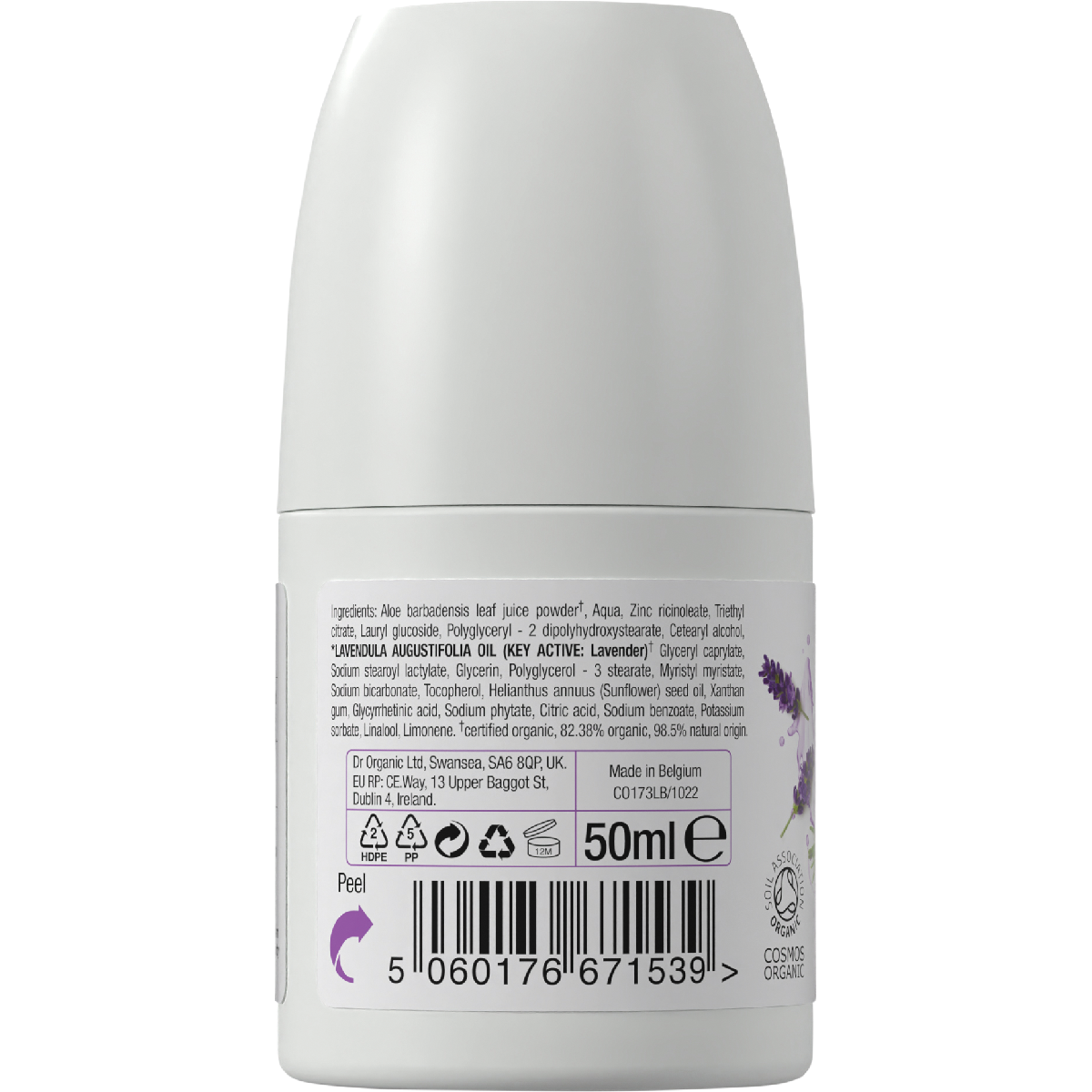 Back of Dr Organic Lavender Deodorant bottle showing ingredients, usage directions, and recycling information.