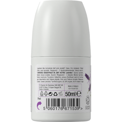 Back of Dr Organic Lavender Deodorant bottle showing ingredients, usage directions, and recycling information.