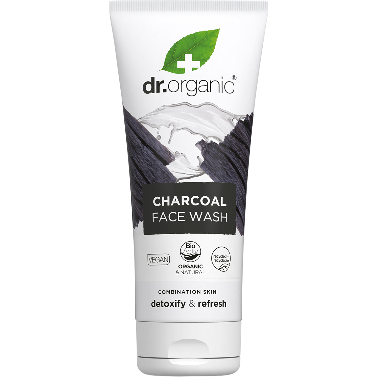 Dr Organic Activated Charcoal Face Wash in a 200ml white tube with black charcoal graphics and logo.