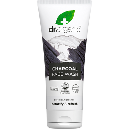 Dr Organic Activated Charcoal Face Wash in a 200ml white tube with black charcoal graphics and logo.
