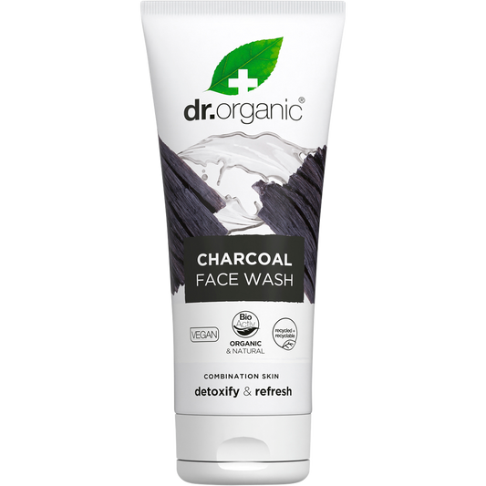 Dr Organic Activated Charcoal Face Wash in a 200ml white tube with black charcoal graphics and logo.